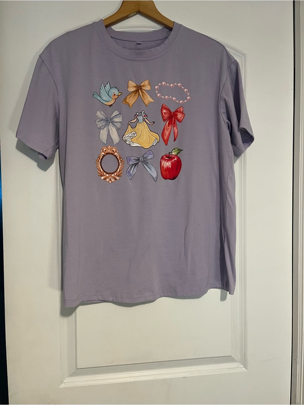 Womens Lavender Disney princess Graphic Tee with Bows and Apple